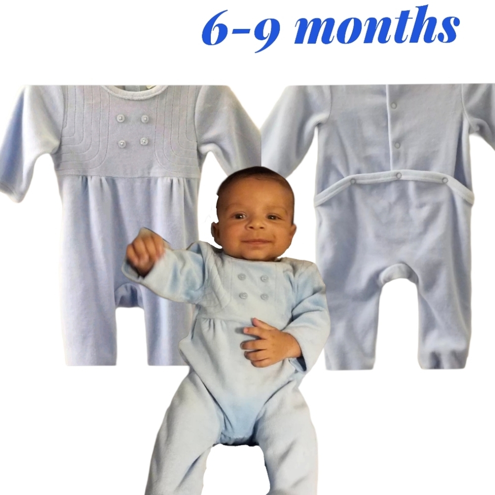 6-9m Vintage Baby Boy Velour Blue One Piece Outfit